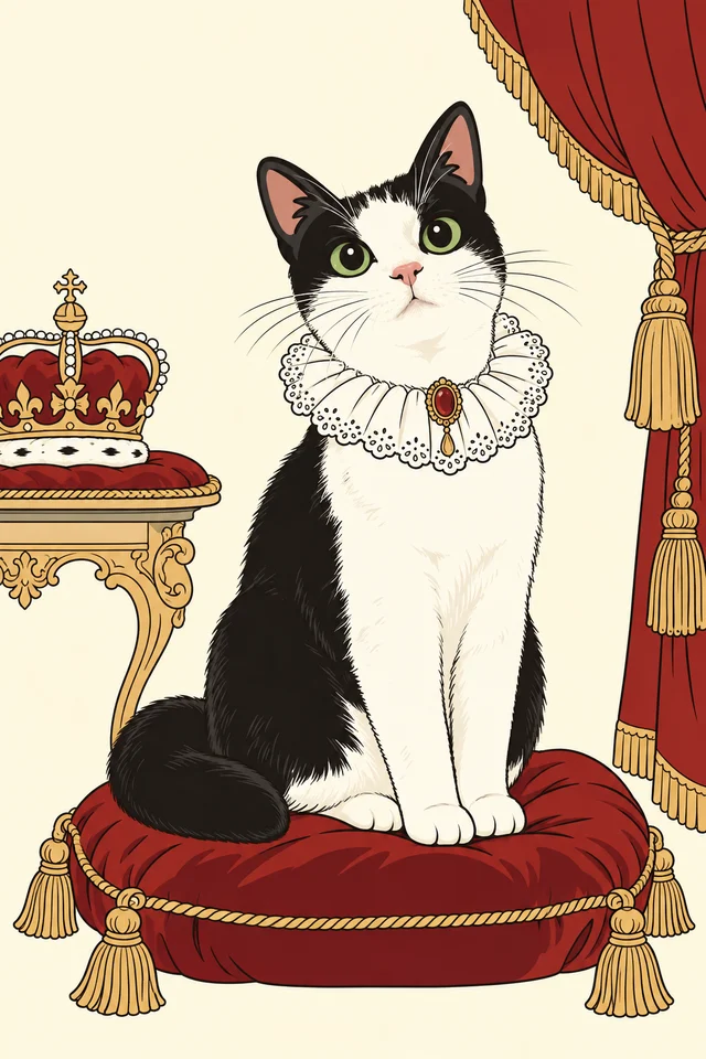 A drawing of Albert, a black and white cat in a lace ruff