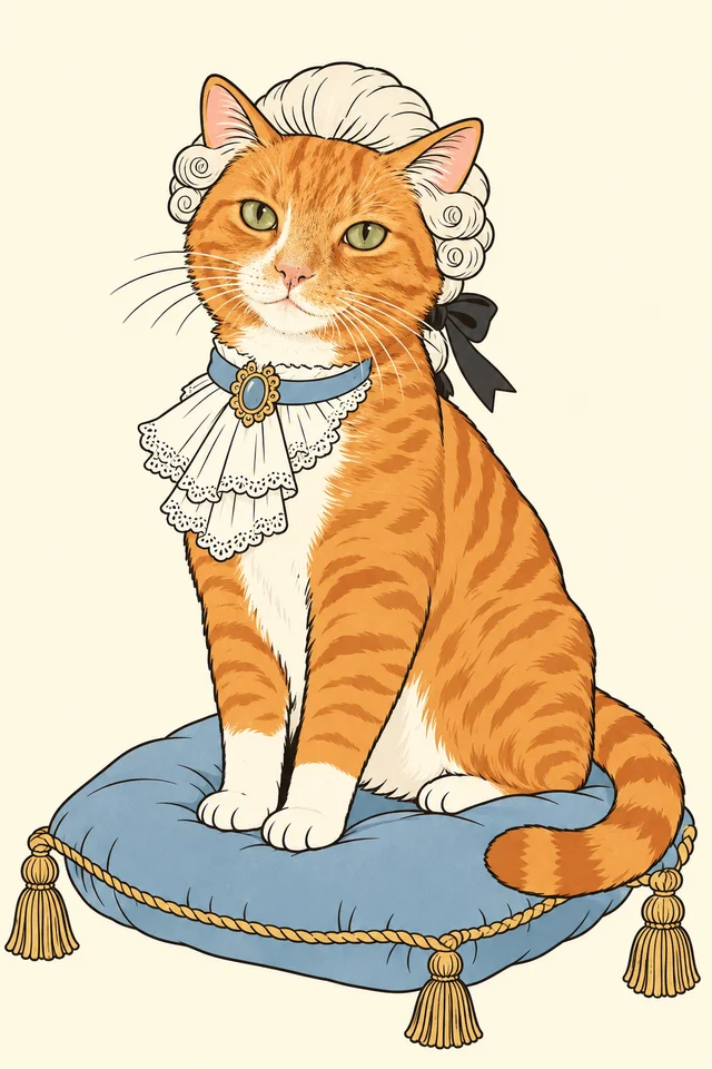 A drawing of Franklin, an orange tabby in a powdered wig