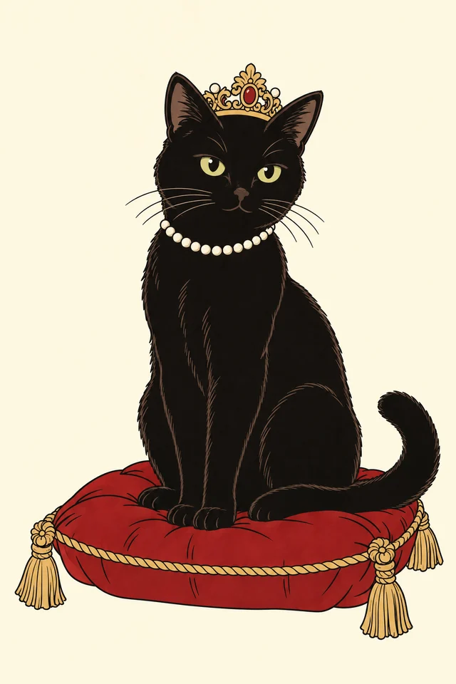 A drawing of Kenzie, an all-black cat in pearls